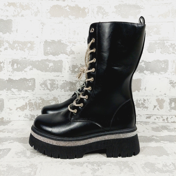 Wild Diva Shoes - Wild Diva Munich-09 Faux Leather Lug Sole Rhinestone Lace-Up Combat Boots K776